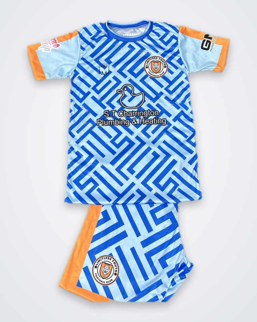 LYFC Away Kit – blue and orange shirt and shorts